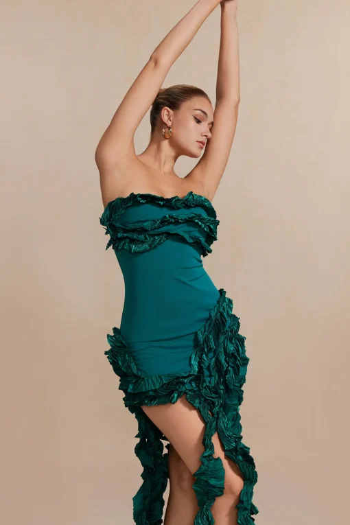 MICAS Midi Dresses-Ruffled Fringe Strapless Midi Dress