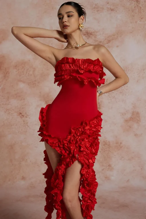 MICAS Midi Dresses-Ruffled Fringe Strapless Midi Dress
