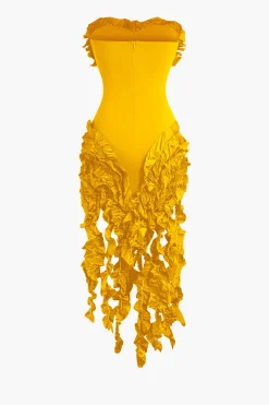 MICAS Midi Dresses-Ruffled Fringe Strapless Midi Dress