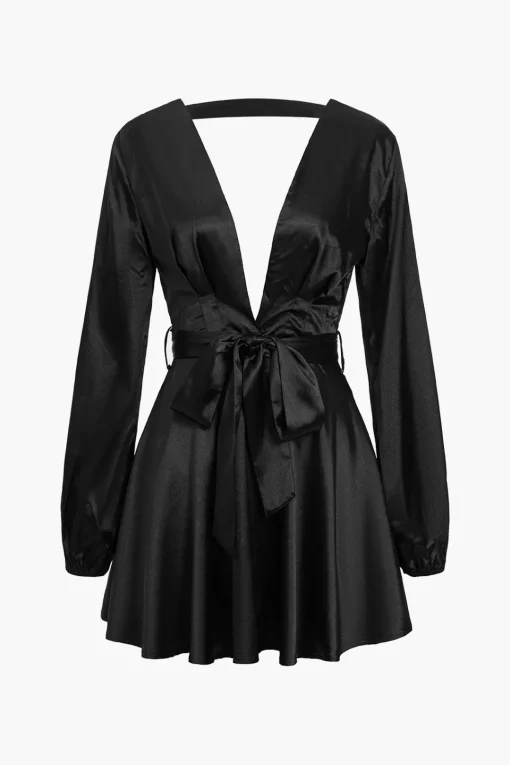 MICAS Mini Dresses|Long Sleeve Dresses-Satin Backless Belted V-neck Mini Dress BLACK