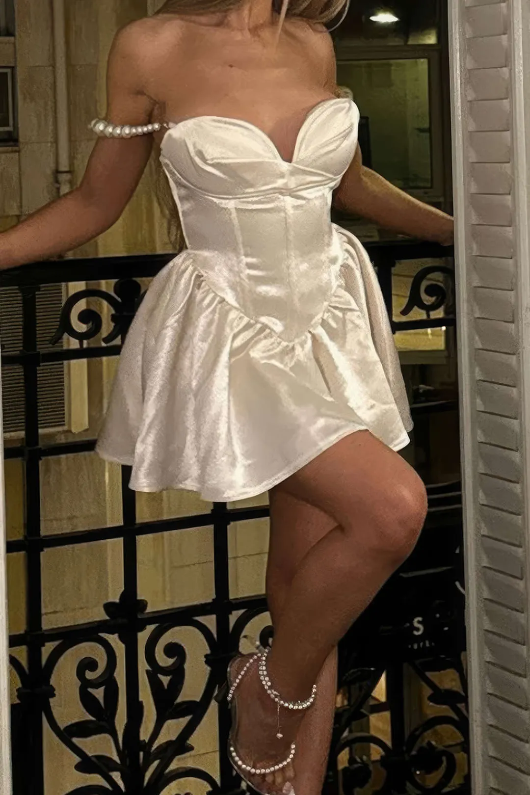 MICAS Mini Dresses-Satin Corset Slip Pearl Bustier Mini Dress SNOW WHITE