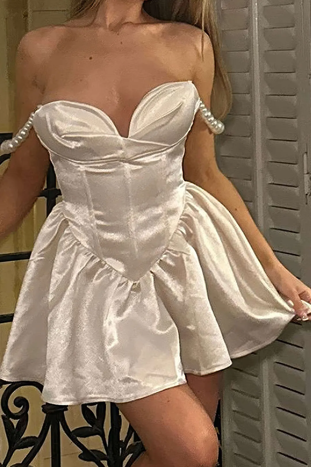 MICAS Mini Dresses-Satin Corset Slip Pearl Bustier Mini Dress SNOW WHITE