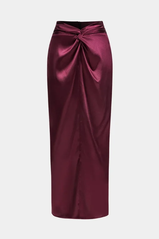 MICAS Skirt Sets-Satin Twist Knot Long Sleeve Top And Skirt Set BURGUNDY