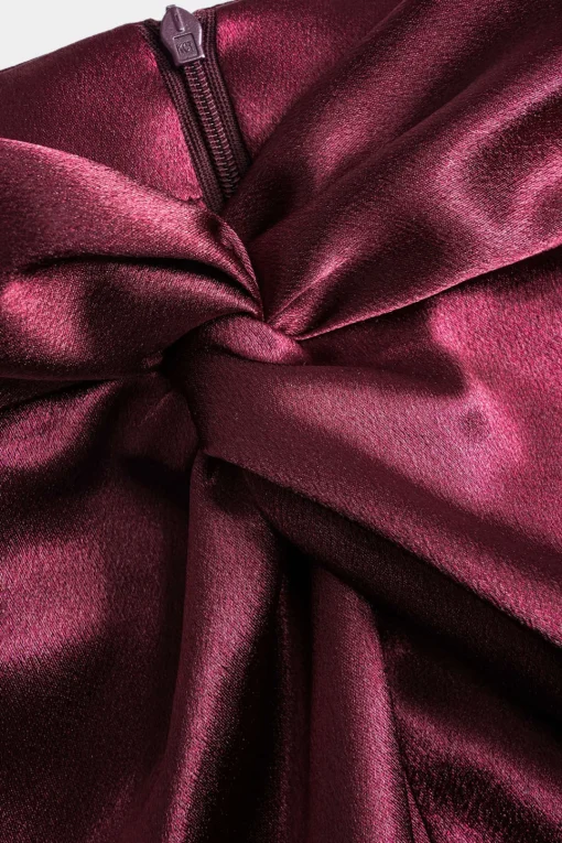 MICAS Skirt Sets-Satin Twist Knot Long Sleeve Top And Skirt Set BURGUNDY