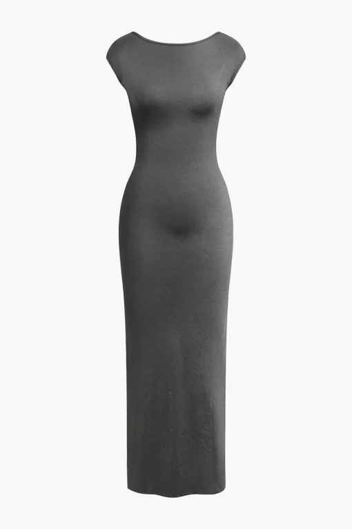 MICAS Maxi Dresses-Solid Backless Short Sleeve Maxi Dress