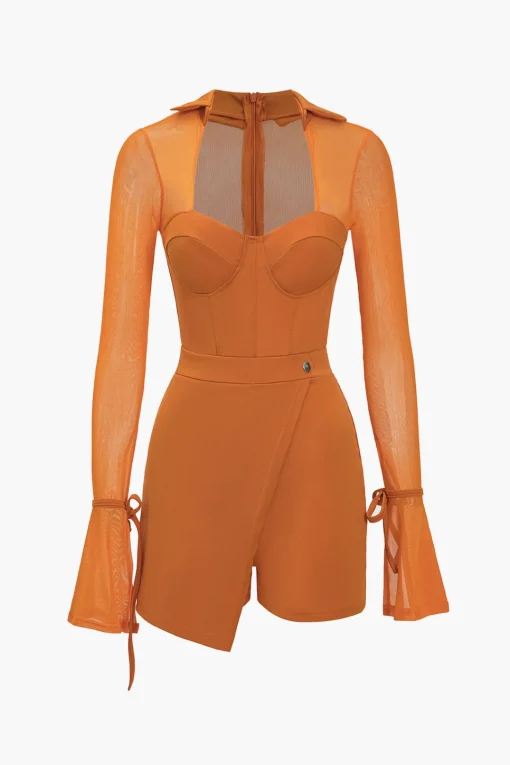 MICAS Jumpsuits & Rompers-Solid Bell Sleeves Contrast Mesh Bustier Zipper Romper PERSIMMON