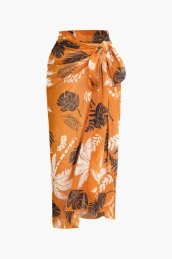 MICAS Skirt Sets-Solid Bodysuit And Leaves Print Knot Wrap Skirt Set Contrast Color