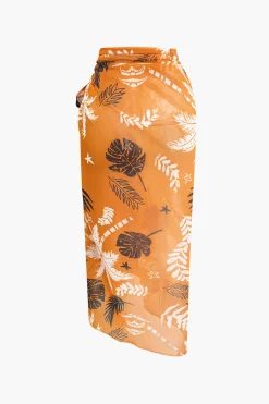 MICAS Skirt Sets-Solid Bodysuit And Leaves Print Knot Wrap Skirt Set Contrast Color