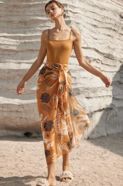 MICAS Skirt Sets-Solid Bodysuit And Leaves Print Knot Wrap Skirt Set Contrast Color