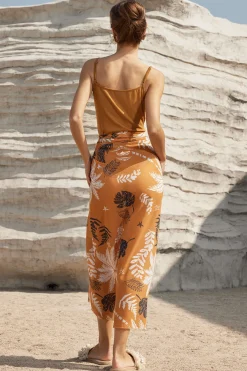 MICAS Skirt Sets-Solid Bodysuit And Leaves Print Knot Wrap Skirt Set Contrast Color
