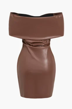 MICAS Mini Dresses-Solid Bow Faux Leather Off Shoulder Mini Dress BROWN