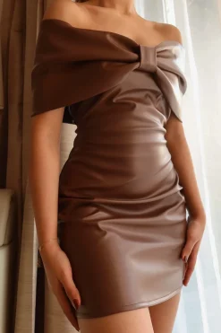 MICAS Mini Dresses-Solid Bow Faux Leather Off Shoulder Mini Dress BROWN