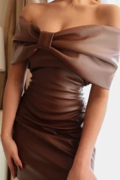 MICAS Mini Dresses-Solid Bow Faux Leather Off Shoulder Mini Dress BROWN