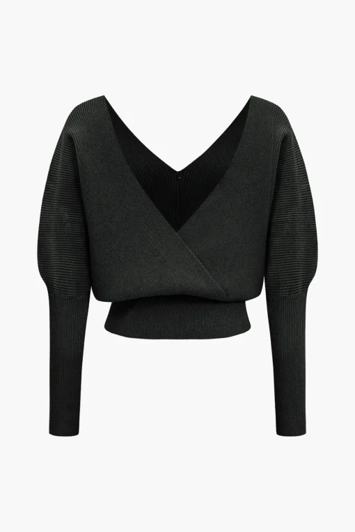 MICAS Knitwear|Knit Tops-Solid Button V-Neck Sweater Long-Sleeve Top