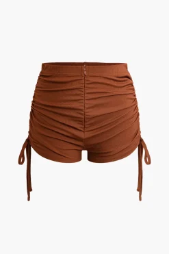 MICAS Short Sets-Solid Drawstring Zipper Shorts Set CHOCOLATE