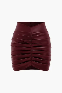 MICAS Skirts-Solid Faux Leather Ruched Skirt