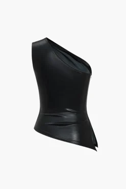 MICAS Tank Tops & Cami-Solid Faux Leather Zipper Asymmetrical Tank Top