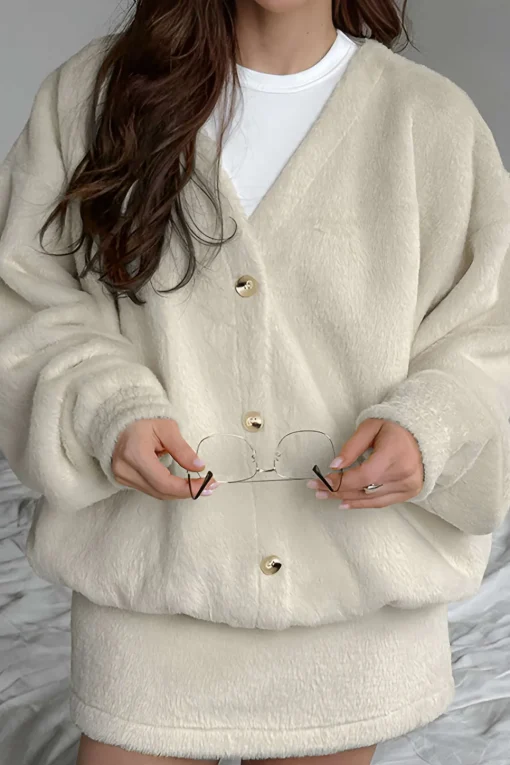 MICAS Skirt Sets-Solid Fleece Button Skirt Set BEIGE