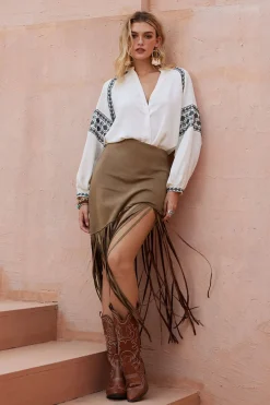 MICAS Skirts-Solid Fringe Skirt TAN