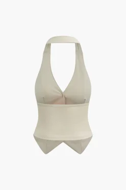 MICAS Skirt Sets-Solid Halter Backless Vest And Mini Skirt Set BEIGE