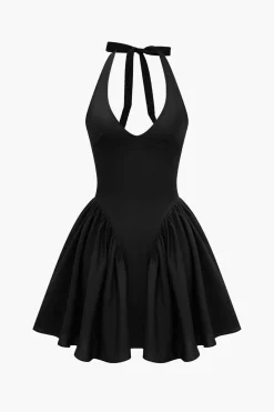 MICAS Mini Dresses-Solid Halter V-neck Ruched Mini Dress BLACK