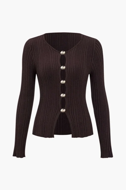 MICAS Knit Tops-Solid Knit Button Long-Sleeve Top BROWN