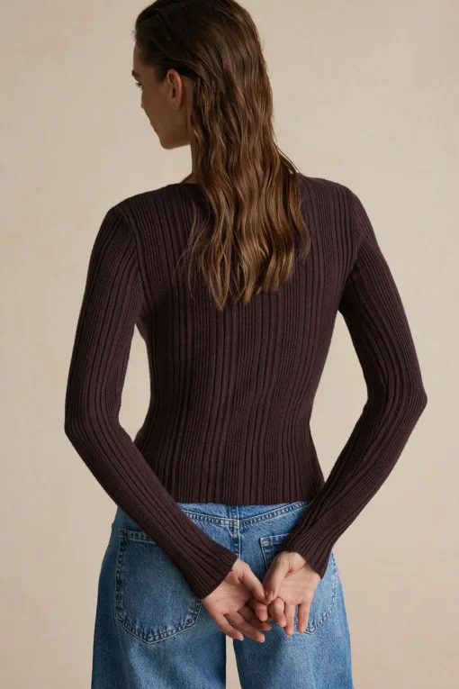 MICAS Knit Tops-Solid Knit Button Long-Sleeve Top BROWN