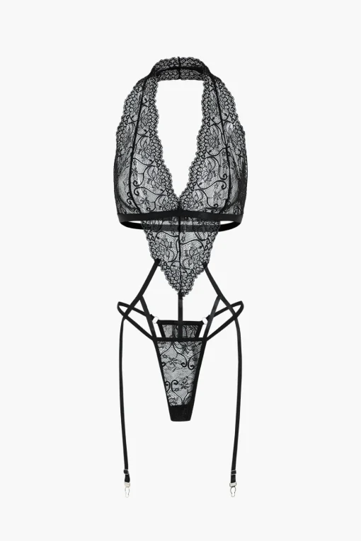 MICAS Lingerie & Sleepwear-Solid Lace Cut Out Lingerie Garter Set BLACK