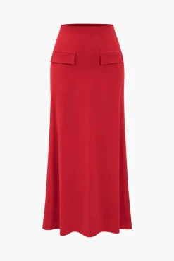 MICAS Skirt Sets-Solid Long Sleeve Top And Maxi Skirt Set CHILI