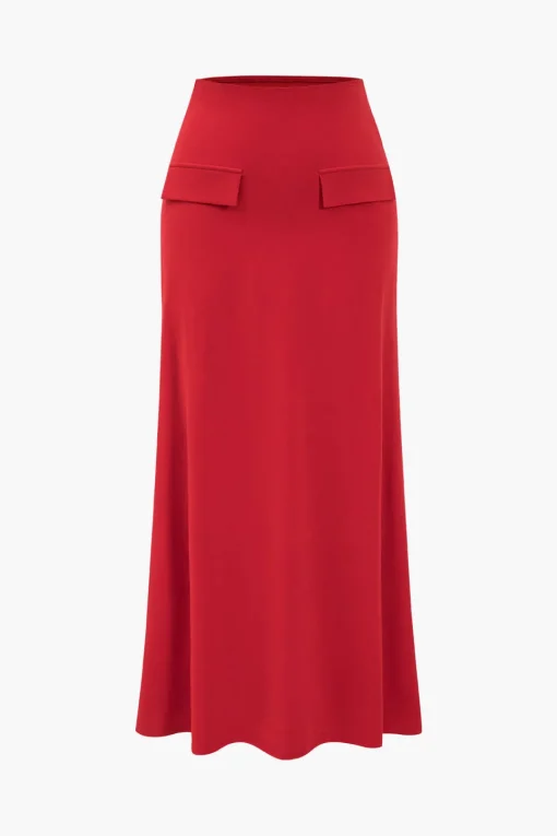 MICAS Skirt Sets-Solid Long Sleeve Top And Maxi Skirt Set CHILI