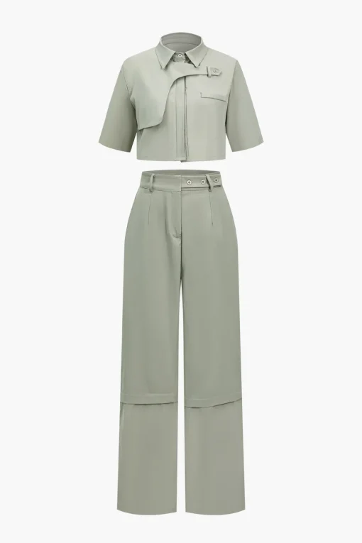MICAS Pant Sets-Solid Pocket And Zipper Detail Trouser Set SAGE