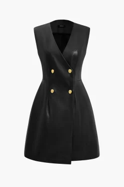 MICAS Mini Dresses-Solid PU Leather Button Mini Dress