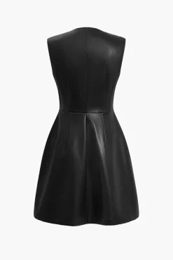 MICAS Mini Dresses-Solid PU Leather Button Mini Dress