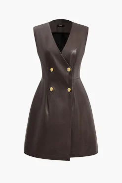 MICAS Mini Dresses-Solid PU Leather Button Mini Dress
