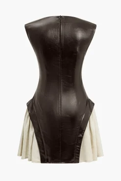 MICAS Mini Dresses-Solid Pu Patchwork Ruched Zipper Mini Dress