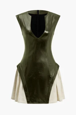 MICAS Mini Dresses-Solid Pu Patchwork Ruched Zipper Mini Dress