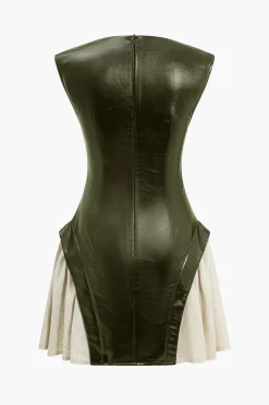 MICAS Mini Dresses-Solid Pu Patchwork Ruched Zipper Mini Dress