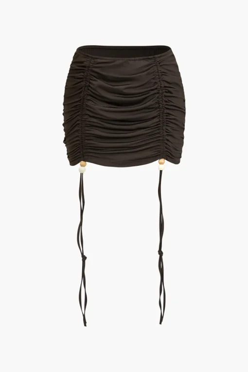 MICAS Skirt Sets-Solid Ruched Drawstring Tie-Up Skirt Set BROWN