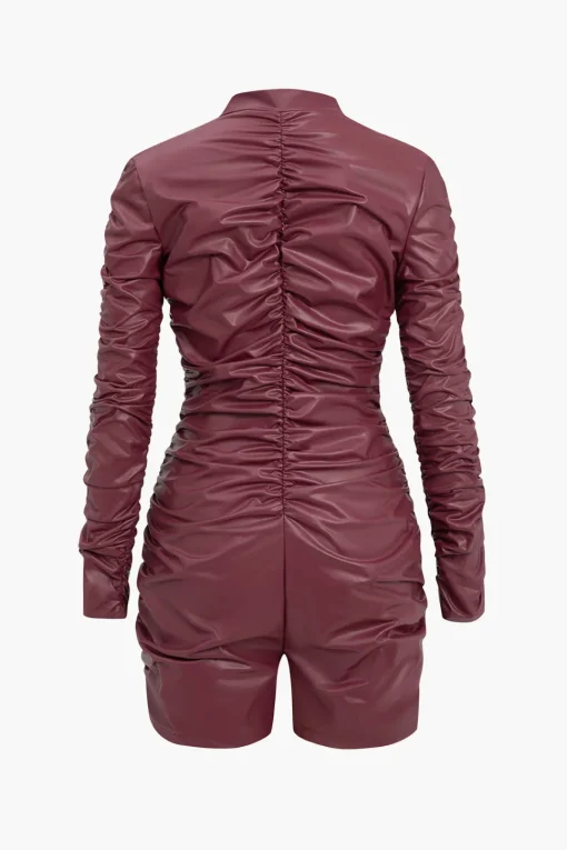 MICAS Jumpsuits & Rompers-Solid Ruched High Elastic Leather Romper BURGUNDY