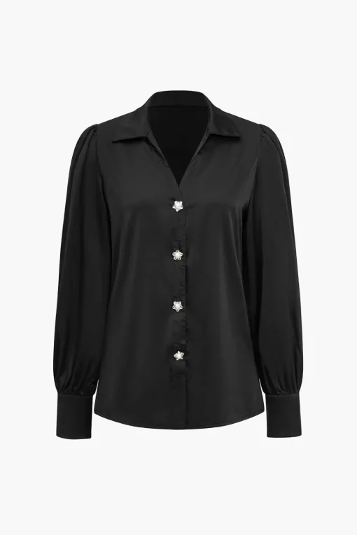 MICAS Long Sleeve Tops|Long Sleeves Tops-Solid Satin Button Long-Sleeve Shirt