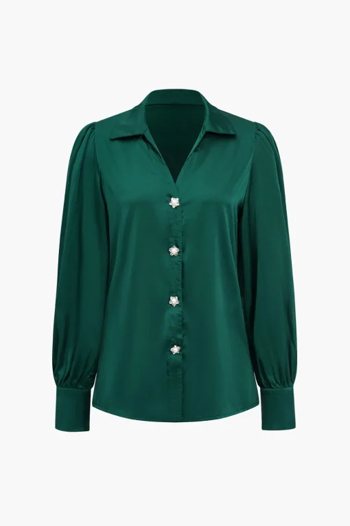 MICAS Long Sleeve Tops|Long Sleeves Tops-Solid Satin Button Long-Sleeve Shirt