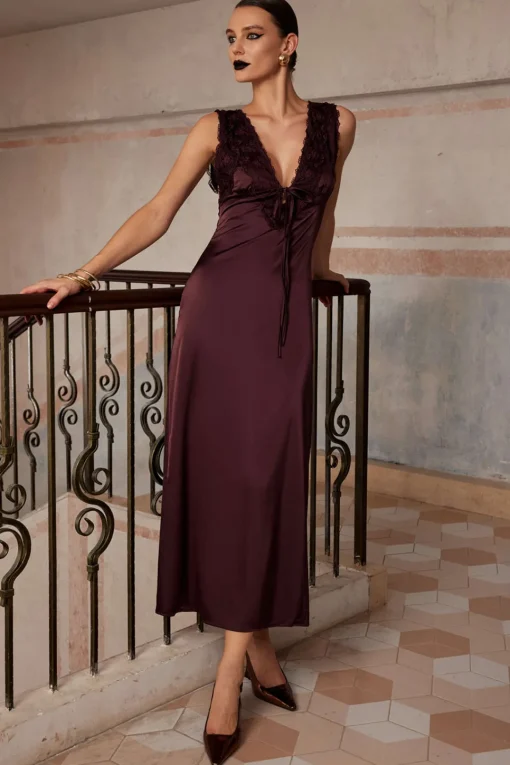 MICAS Maxi Dresses-Solid Satin Lace Trim Tie-Up Maxi Dress COFFEE