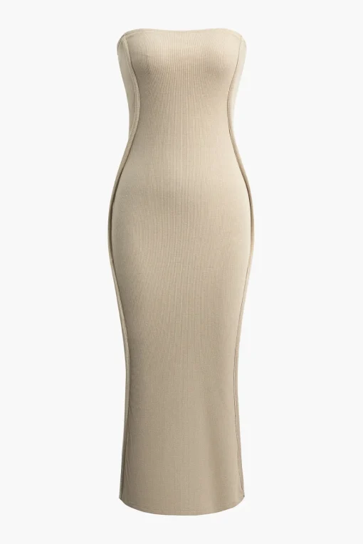 MICAS Midi Dresses-Solid Strapless Midi Dress WHEAT
