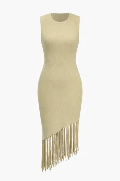MICAS Knit Dresses-Solid Sweater Fringe Asymmetrical Dress KHAKI