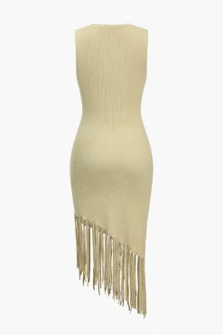 MICAS Knit Dresses-Solid Sweater Fringe Asymmetrical Dress KHAKI