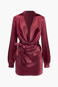 MICAS Long Sleeve Dresses|Mini Dresses-Solid Tie Front Draped Cowl Neck Belted Mini Dress