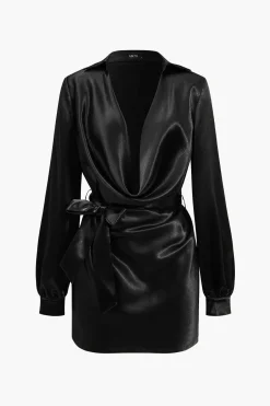 MICAS Long Sleeve Dresses|Mini Dresses-Solid Tie Front Draped Cowl Neck Belted Mini Dress