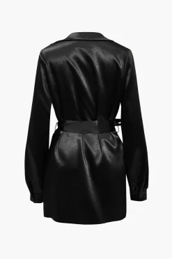 MICAS Long Sleeve Dresses|Mini Dresses-Solid Tie Front Draped Cowl Neck Belted Mini Dress