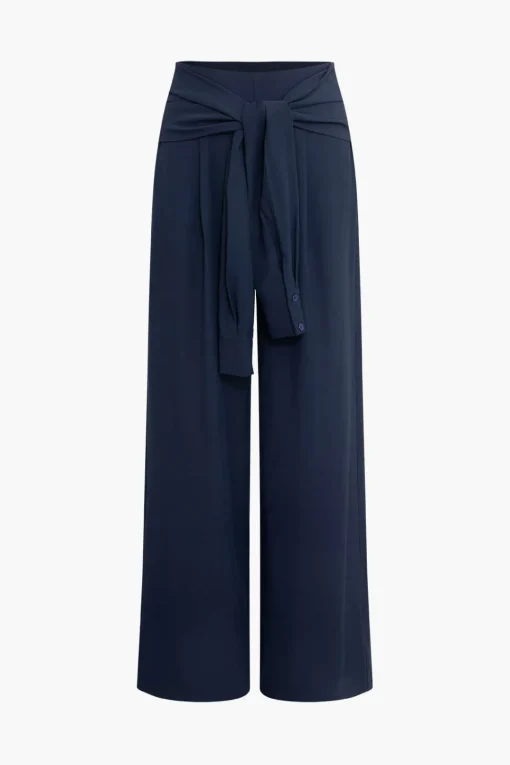 MICAS Pants-Solid Tie Front Trousers DARK BLUE