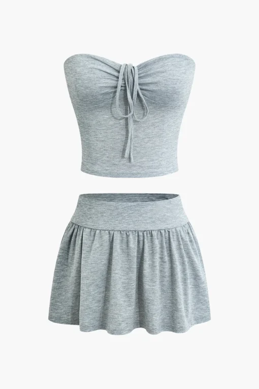 MICAS Skirt Sets-Solid Tie Ruched Mini Skirt Set LIGHT GRAY